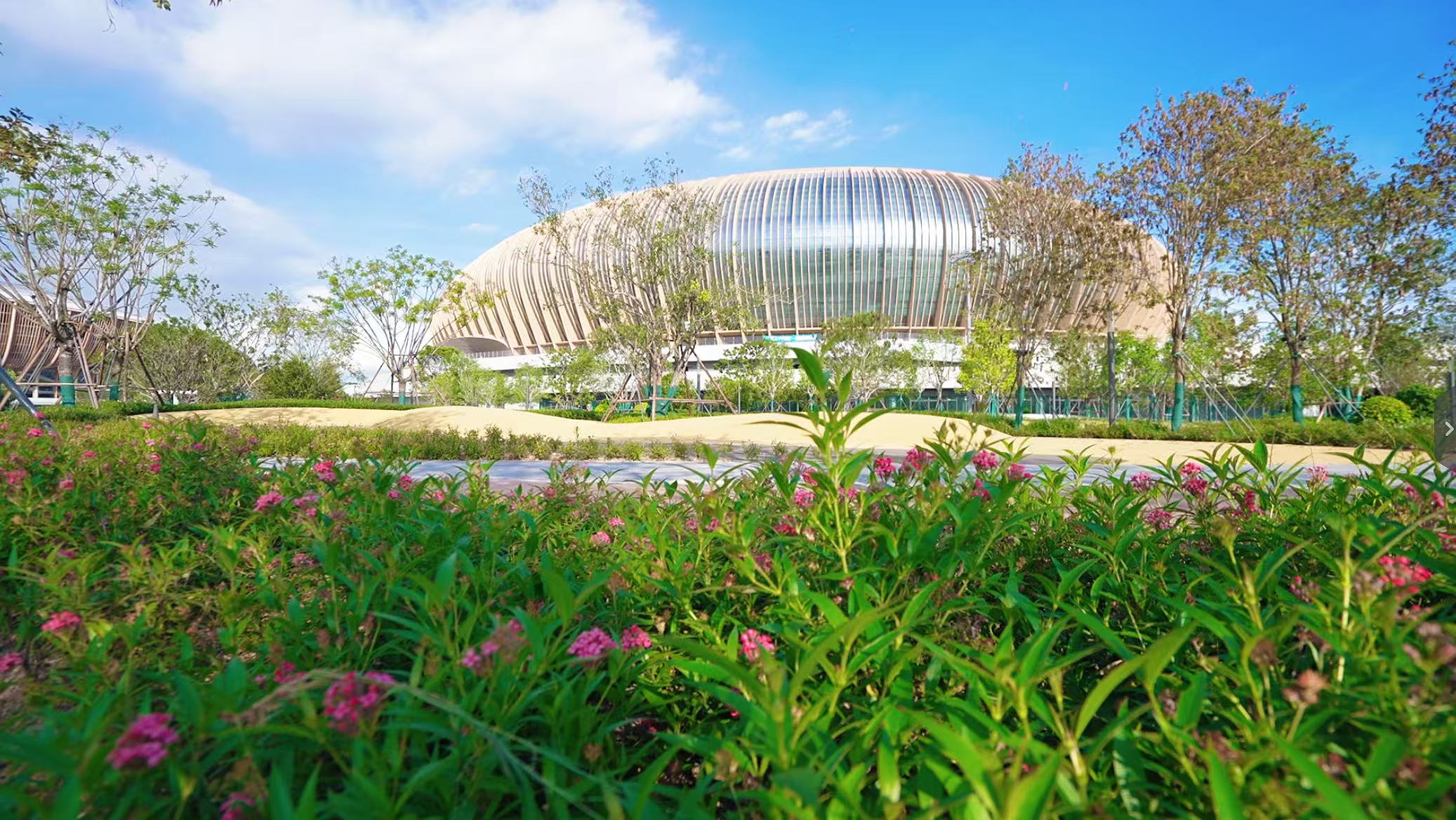 大湾区文化体育中心秉承“生态优先、绿色发展”的理念，处处体现“生态优先”的巧思。在材料上采用低反射的玻璃和铝板，增加建筑立面幕墙的格栅，提高玻璃幕墙对鸟类的可视性；照明方面严格控制亮度与开启时间，采用漫射光代替直射光，巧妙勾勒建筑夜间轮廓；在室外营造湿地景观，为鸟类提供适宜栖息环境，实现生态与经济效益双赢。