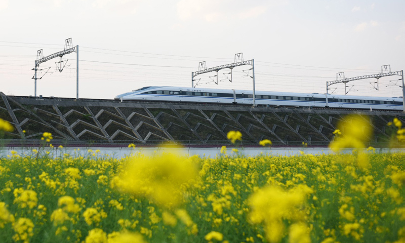 图为3月20日，一列动车组列车在沪昆高铁贵州关岭段行驶。（新华社记者 杨文斌 摄）