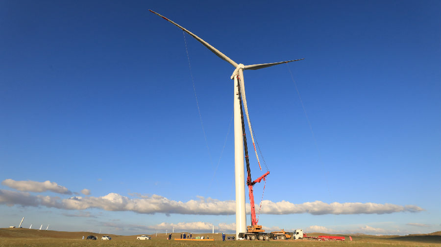 9月初，在风盛正镶白旗200兆瓦风电EPC项目现场，中国能建山西电建的建设者正在通过揽风绳调整风机叶片就位方向，千方百计推进风机吊装顺利进行，确保项目如期投产。图为项目现场。